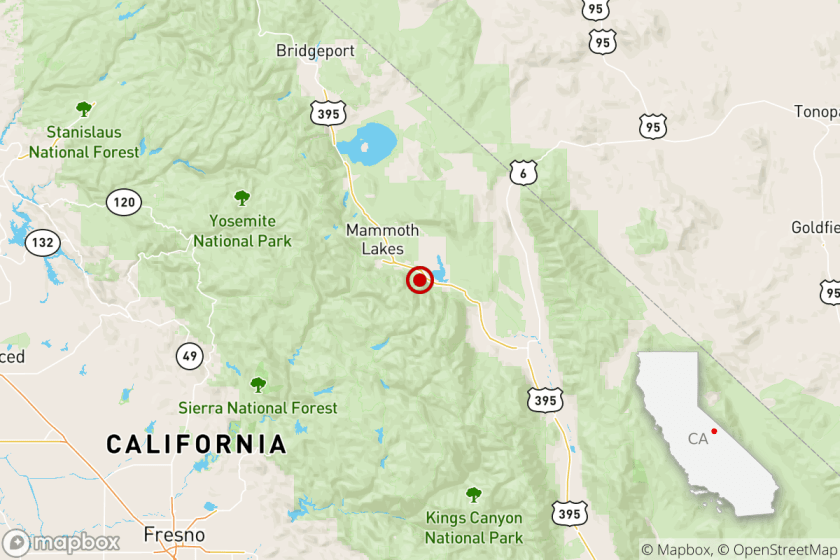 A map shows where a magnitude 4.4 earthquake was reported at 10:36 a.m. on Feb. 1, 2020 near Mammoth Lakes in the Eastern Sierra. (Credit: Los Angeles Times)