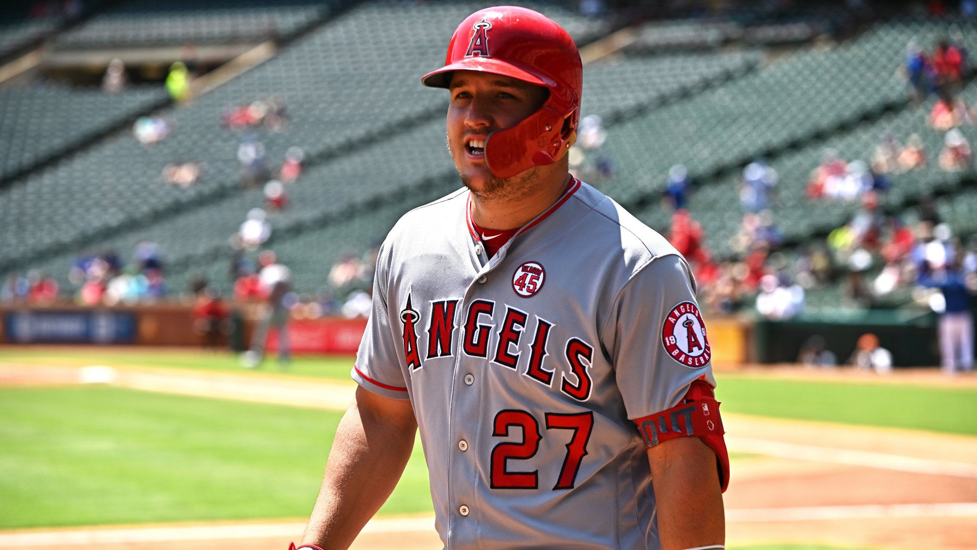 Mike Trout of the Los Angeles Angels reacts after his two-run home run in the top of the first inning during game one of a doubleheader against the Texas Rangers at Globe Life Park in Arlington on Aug. 20, 2019 in Arlington, Texas. (Credit: C. Morgan Engel/Getty Images)