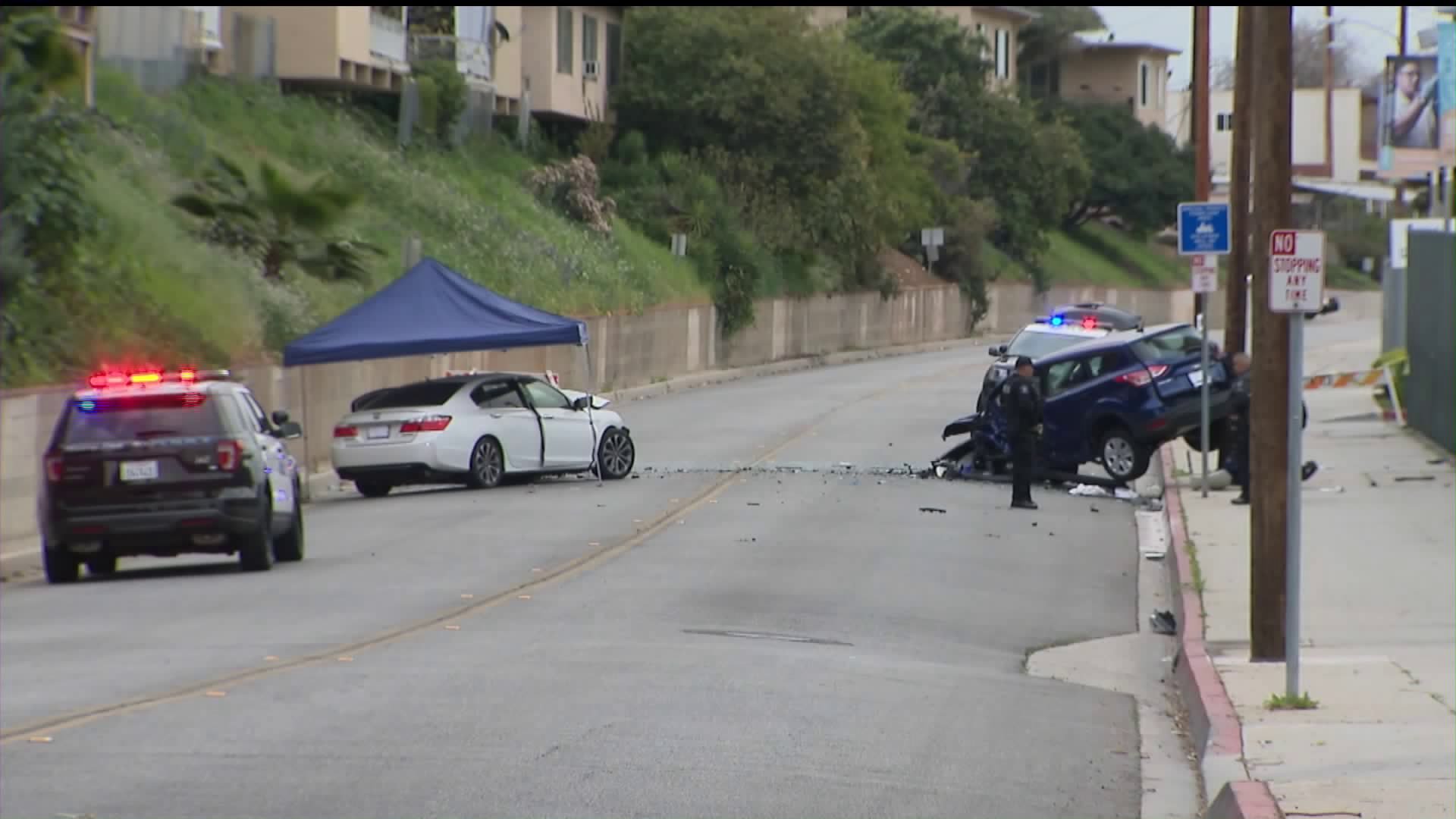 A two-vehicle crash in Monterey Park on Feb. 9, 2020, left one person dead and another injured, officials said. (Credit: KTLA)