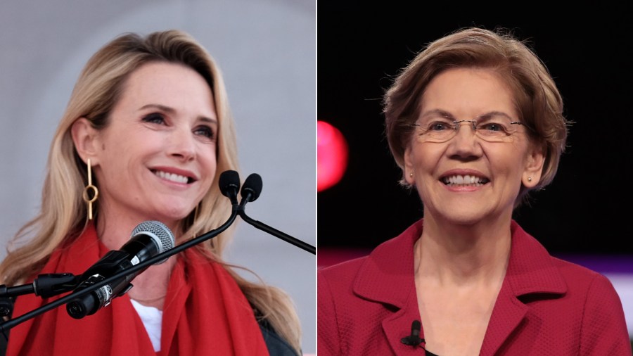 Left: First Partner of California Jennifer Siebel Newsom speaks at the 4th Annual Women's March LA: Women Rising on Jan. 18, 2020 in Los Angeles; right, Sen. Elizabeth Warren arrives at a debate Feb. 25, 2020, in Charleston, South Carolina. (Getty Images)