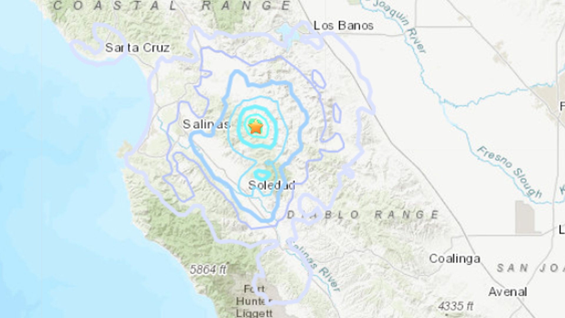 A 3.7 magnitude quake that shook California’s central coast on Feb. 12, 2020, is seen in a map provided by the U.S. Geological Survey.