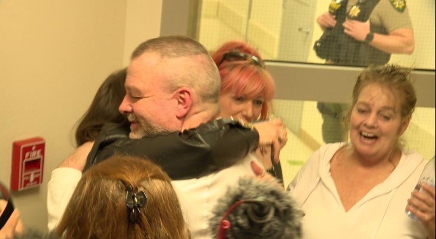 Ricky Davis hugs his family and friends as a free man after being released from the El Dorado County Jail on Feb. 13, 2020. (Credit: KTXL)