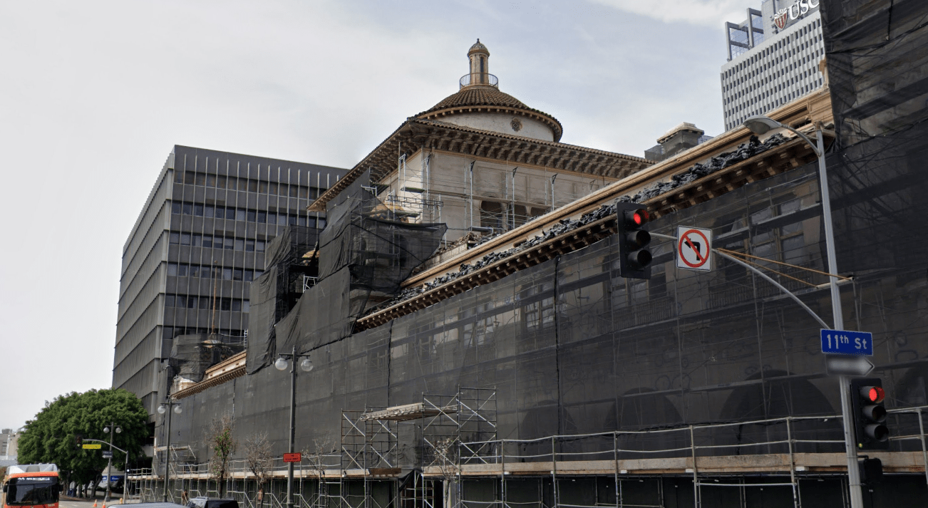 The Herald Examiner Building is seen under construction in the area of Broadway and 11th Streets in downtown Los Angeles in a Google Maps Str