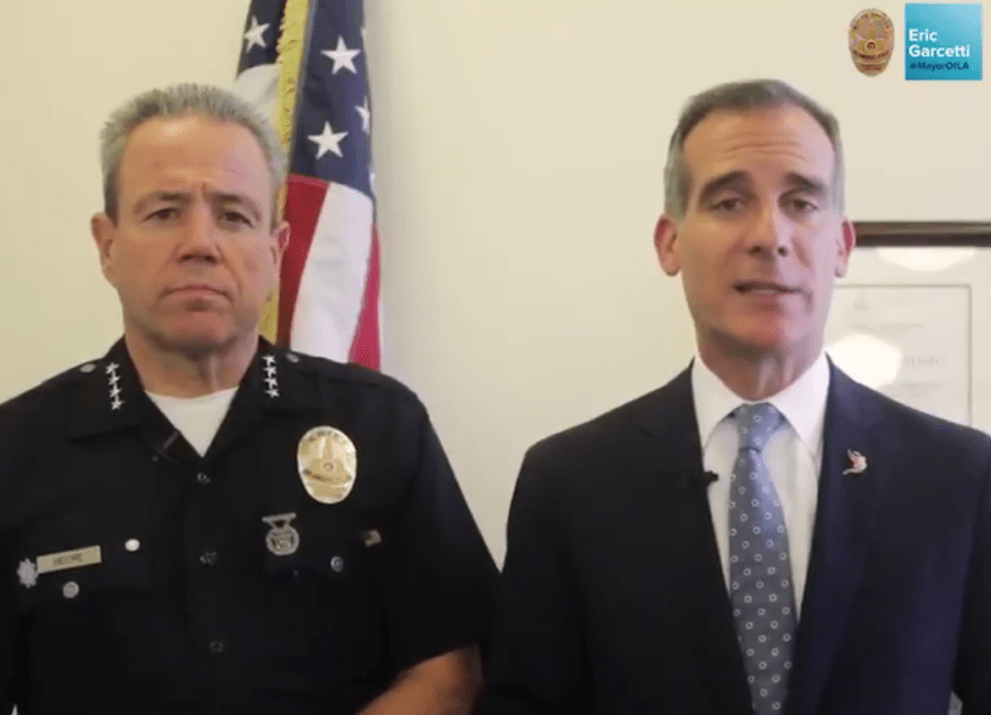 In a video released by the city on Feb. 15, 2020, Los Angeles police Chief Michel Moore and Mayor Eric Garcetti address the newly announced immigration crackdown by the U.S. Immigration and Customs Enforcement.