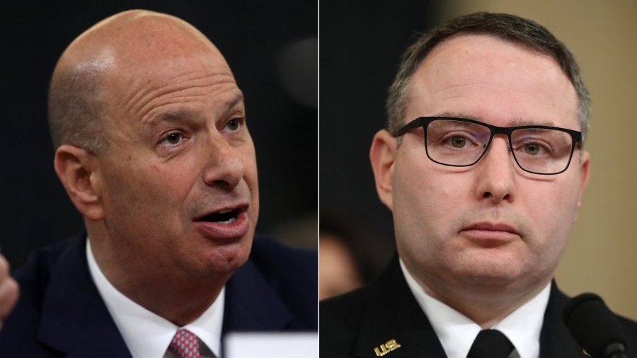 From left: U.S ambassador to the European Union Gordon Sondland makes an opening statement before testifying to the House Intelligence Committee on Nov. 20, 2019, and National Security Council Director for European Affairs Lt. Col. Alexander Vindman prepares to testify before the House Intelligence Committee on Nov. 19, 2019. (Credit: Drew Angerer / Chip Somodevilla / Getty Images)