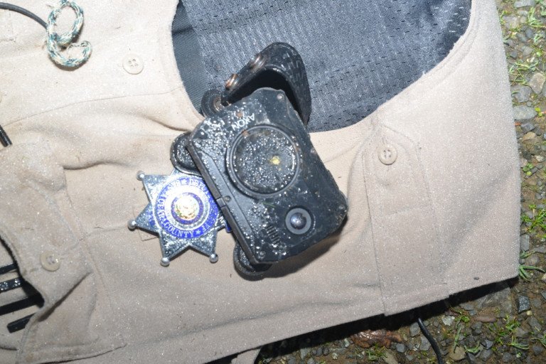 A deputy's body camera is seen after being shot on Jan. 31, 2020, in a photo released Feb. 3, 2020. (Credit: Santa Clara County Sheriff's Office via KRON)