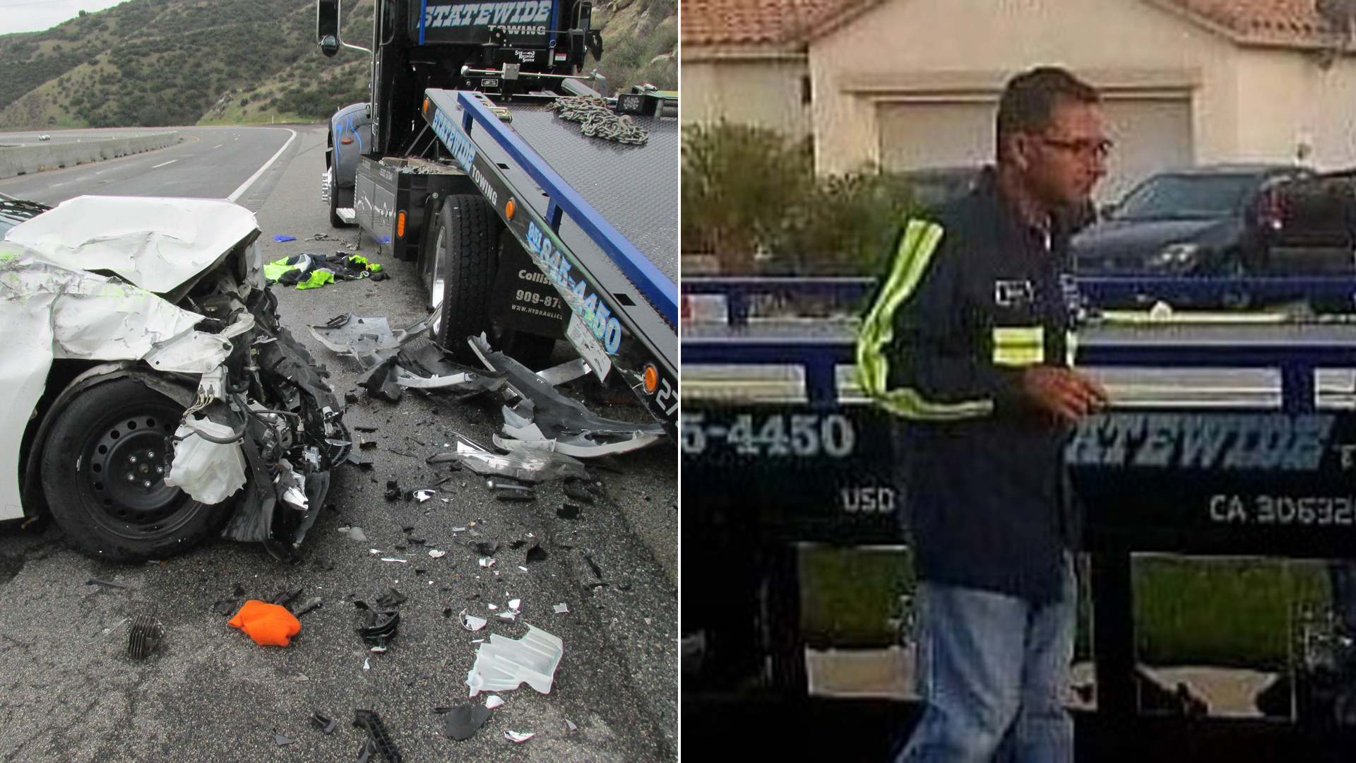 Enrique Ramirez Sanchez, right, is seen in an undated photo posted to a GoFundMe page. At left, his tow truck is seen after a crash involving an out-of-control vehicle on Highway 79 south of Banning on Feb. 23, 2020, in a photo released by California Highway Patrol.