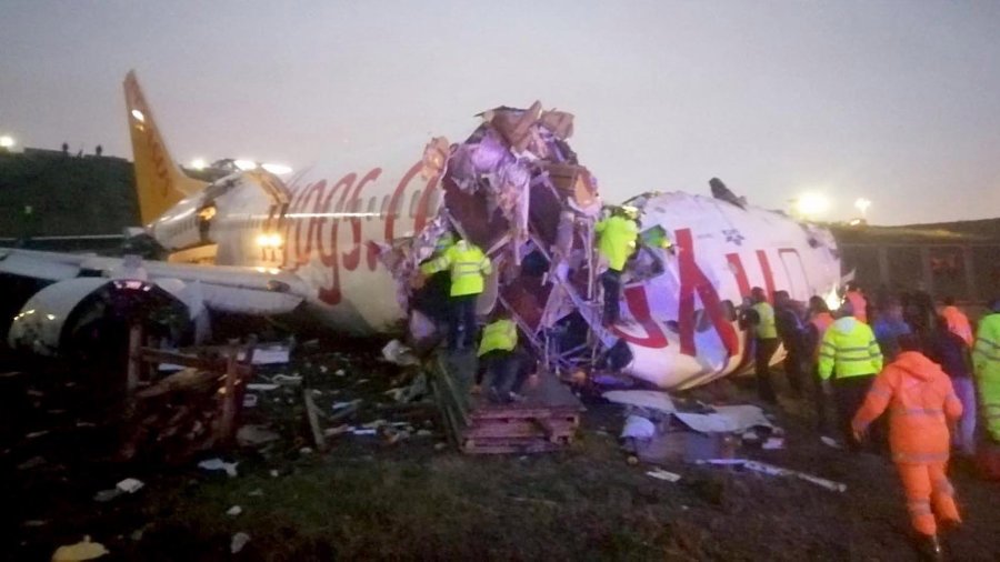 The passenger plane broke into two after skidding off the runway in Turkey on Feb. 5, 2020. (Credit: Handout/Istanbul Security Directorate/Anadolu Agency/Getty Images)