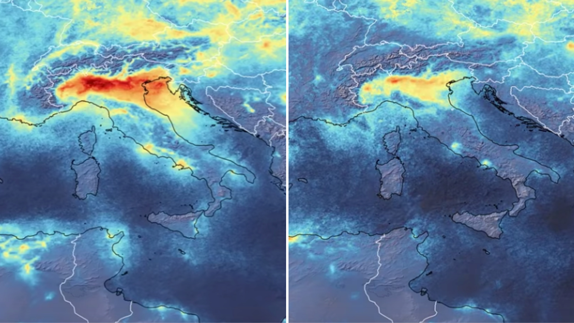 Images from the Copernicus Sentinel-5P satellite show a decline of air pollution, specifically nitrogen dioxide emissions, over Italy. (European Space Agency, ESA)