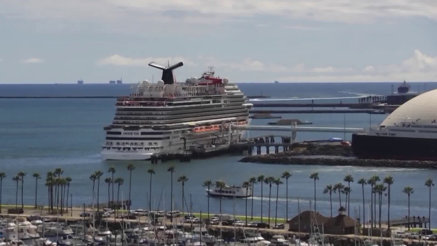 A Carnival cruise ship is seen docked in Long Beach on March 7, 2020. (KTLA)