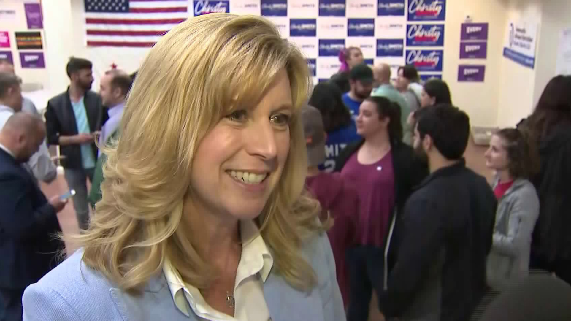 Christy Smith, a Democratic candidate for the 25th Congressional District of California, is pictured at an Election Day event on March 3, 2020. (KTLA)