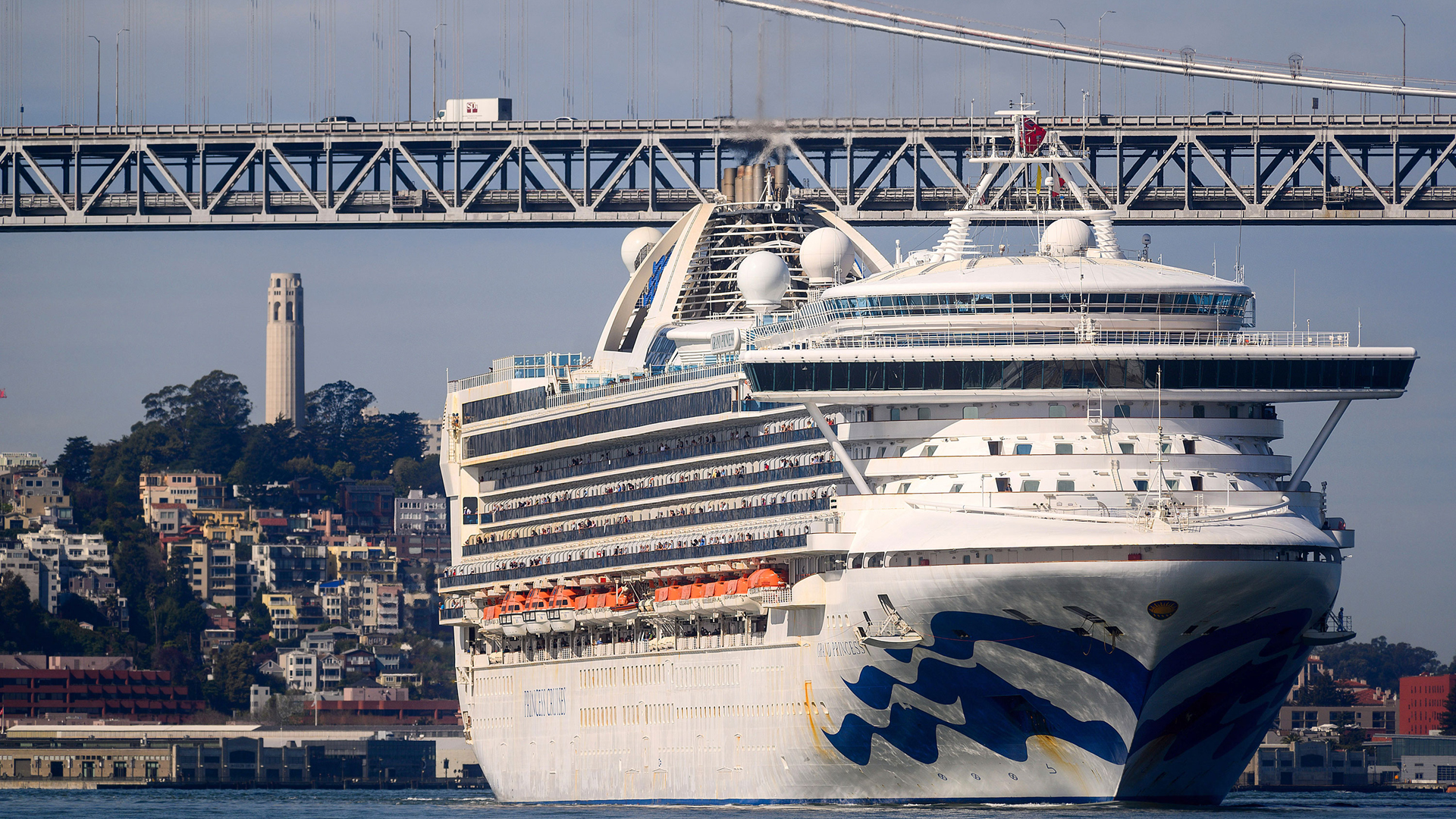 The Grand Princess arrives in San Francisco on Monday, March 9, 2020. The cruise ship, which had maintained a holding pattern off the coast for days, is carrying multiple people who tested positive for COVID-19. (AP Photo/Noah Berger)