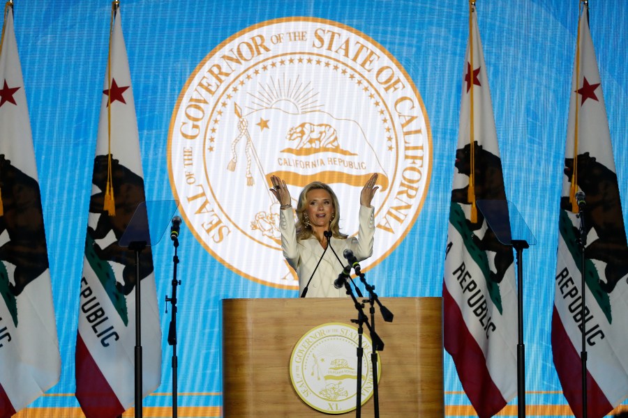 Jennifer Siebel Newsom speaks on stage during the inauguration of husband Gavin Newsom as governor of California on Jan. 7, 2019, in Sacramento. (Stephen Lam/Getty Images)