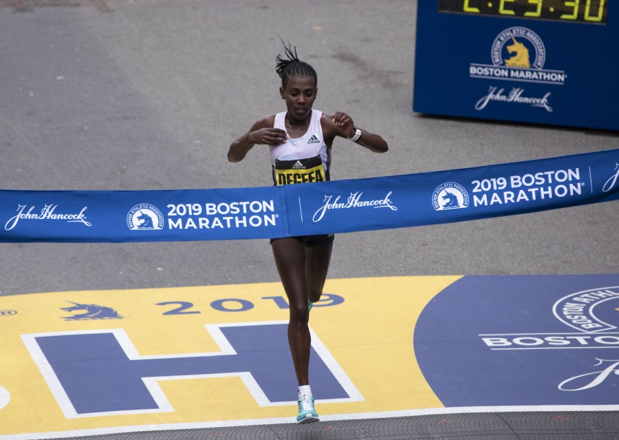 Ethopian Worknesh Degefa, wins the Women's Elite race at the 123rd Boston Marathon on April 15, 2019 in Boston, Massachusetts. (RYAN MCBRIDE/AFP via Getty Images)