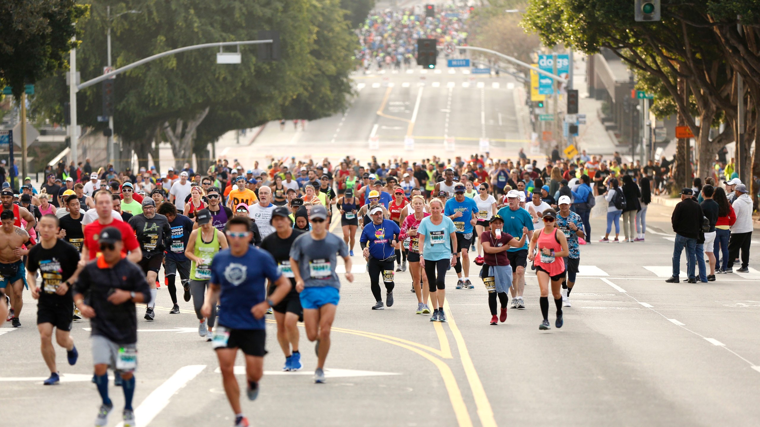 Participants run on First Street during the 2019 Skechers Performance Los Angeles Marathon on March 24, 2019 in Los Angeles. (Katharine Lotze/Getty Images)