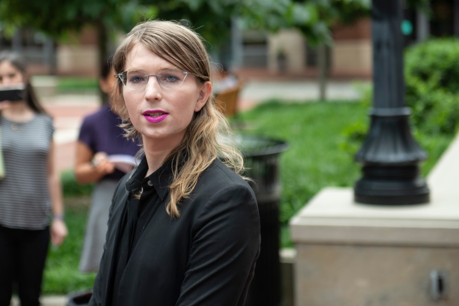 Former military intelligence analyst Chelsea Manning speaks to press ahead of a grand jury appearance about WikiLeaks in Alexandria, Virginia, on May 16, 2019. (Credit: Eric Baradat / AFP / Getty Images)