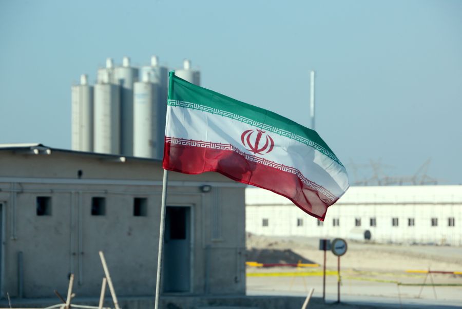 A picture taken on November 10, 2019, shows an Iranian flag in Iran's Bushehr nuclear power plant, during an official ceremony to kick-start works on a second reactor at the facility. (ATTA KENARE/AFP via Getty Images)