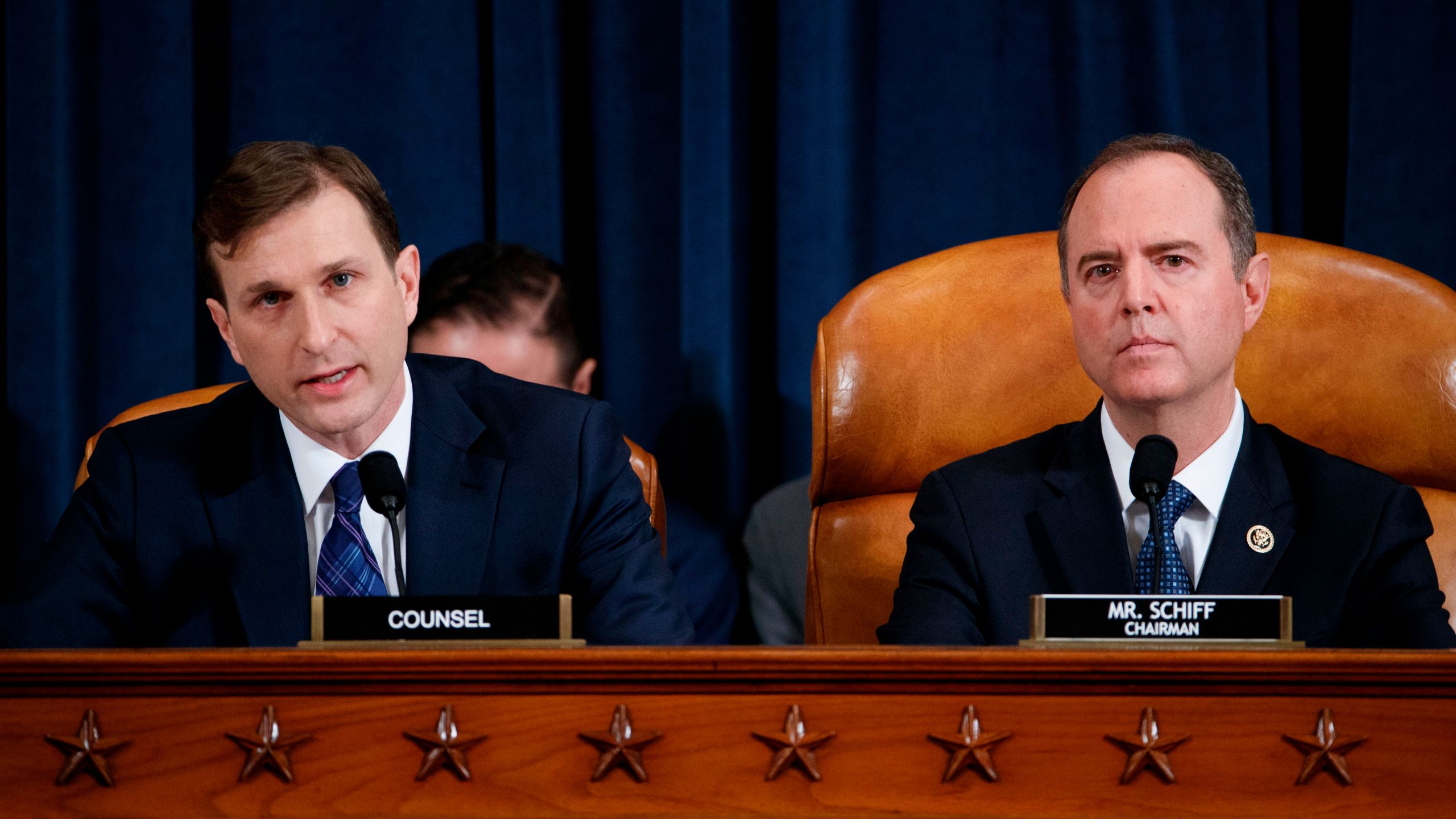 Democratic Chairman of the House Permanent Select Committee on Intelligence Adam Schiff (R) listens as Democratic legal counsel Daniel Goldman (L) questions Director for European Affairs of the National Security Council, U.S. Army Lieutenant Colonel Alexander Vindman during the House Permanent Select Committee on Intelligence public hearing on the impeachment inquiry into President Donald J. Trump, on Capitol Hill in Washington,DC on Nov. 19, 2019. (SHAWN THEW/POOL/AFP via Getty Images)