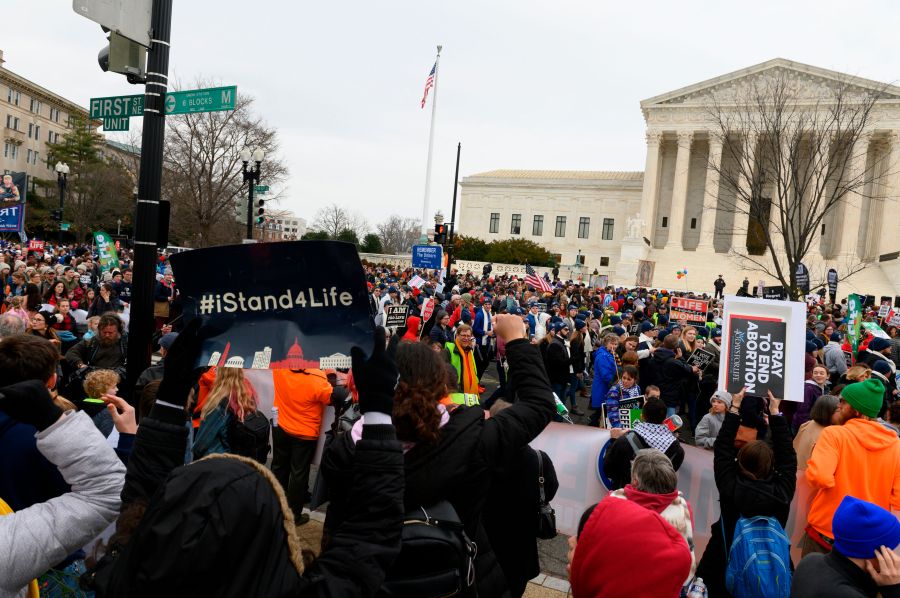 Anti-abortion advocates shout slogans while participating in the 47th annual March For Life in Washington, D.C., on Jan. 24, 2020. (ROBERTO SCHMIDT/AFP via Getty Images)