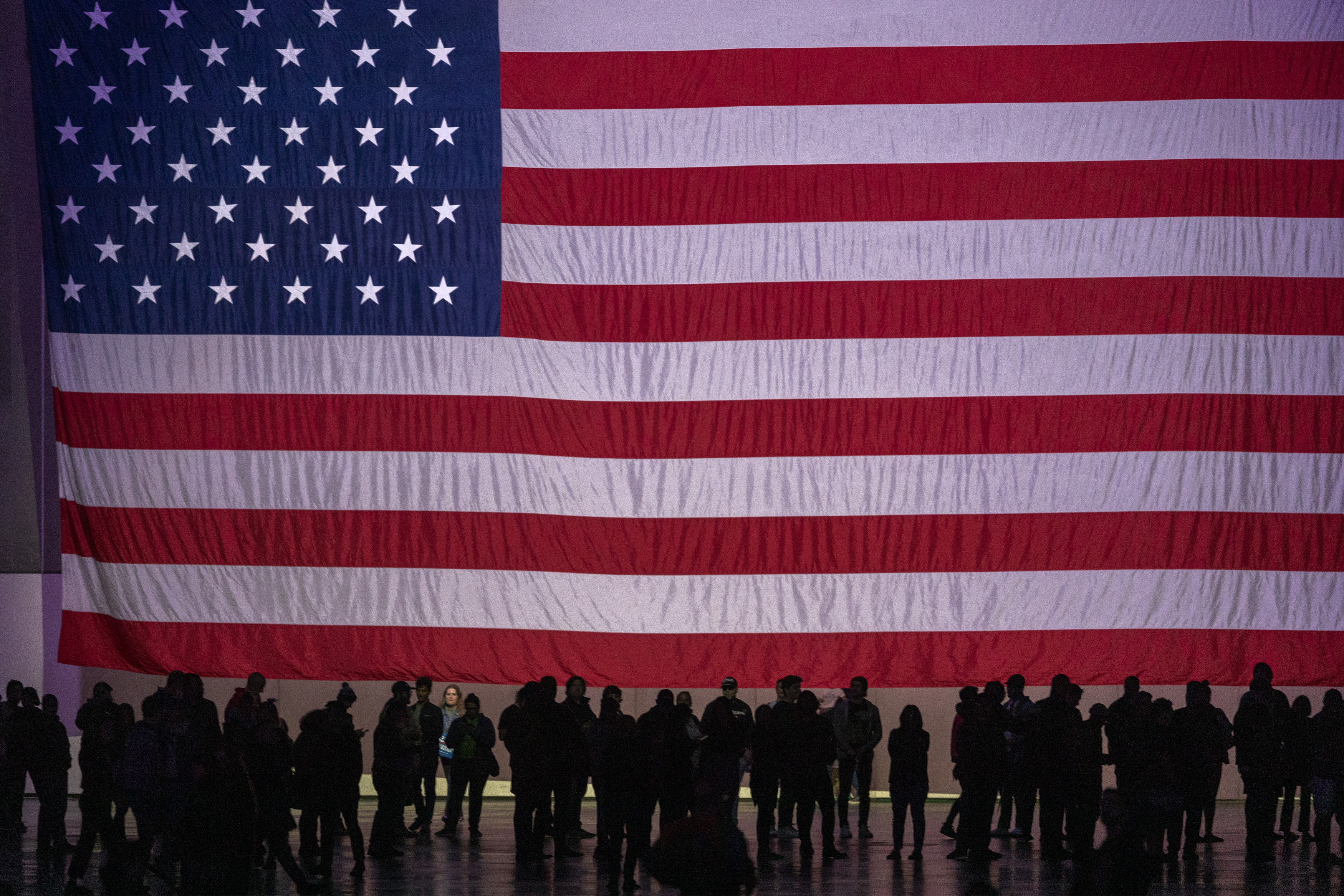 Supporters are dwarfed by an American flag at a campaign rally for Presidential candidate Sen. Bernie Sanders at the Los Angeles Convention Center on March 1, 2020. (David McNew/Getty Images)