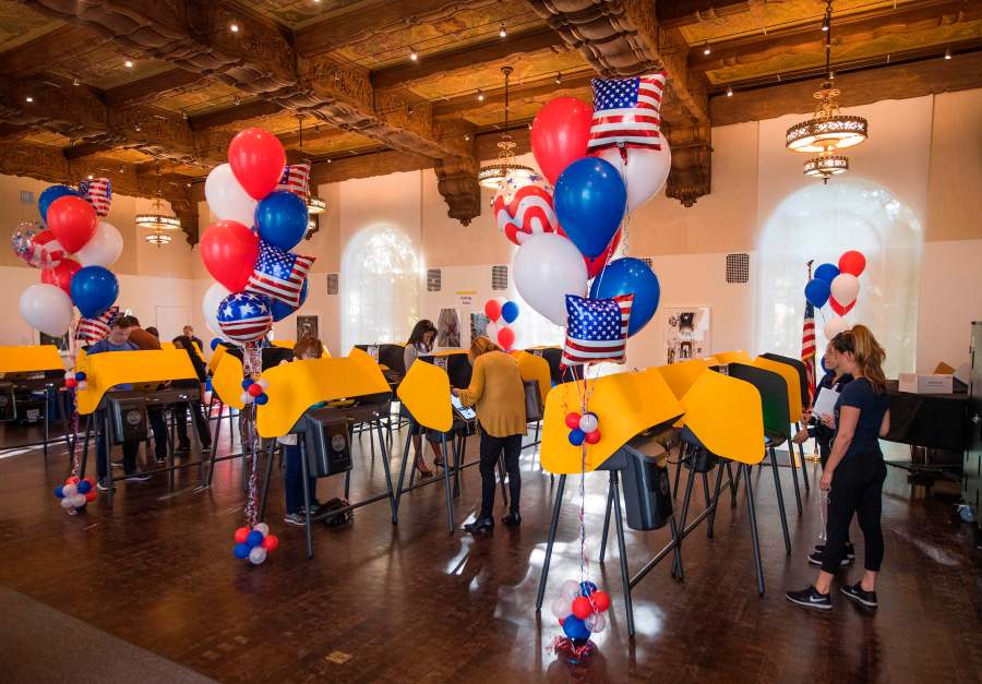 Residents cast their ballots during the presidential primary in Beverly Hills on Super Tuesday, March 3, 2020. (MARK RALSTON/AFP via Getty Images)