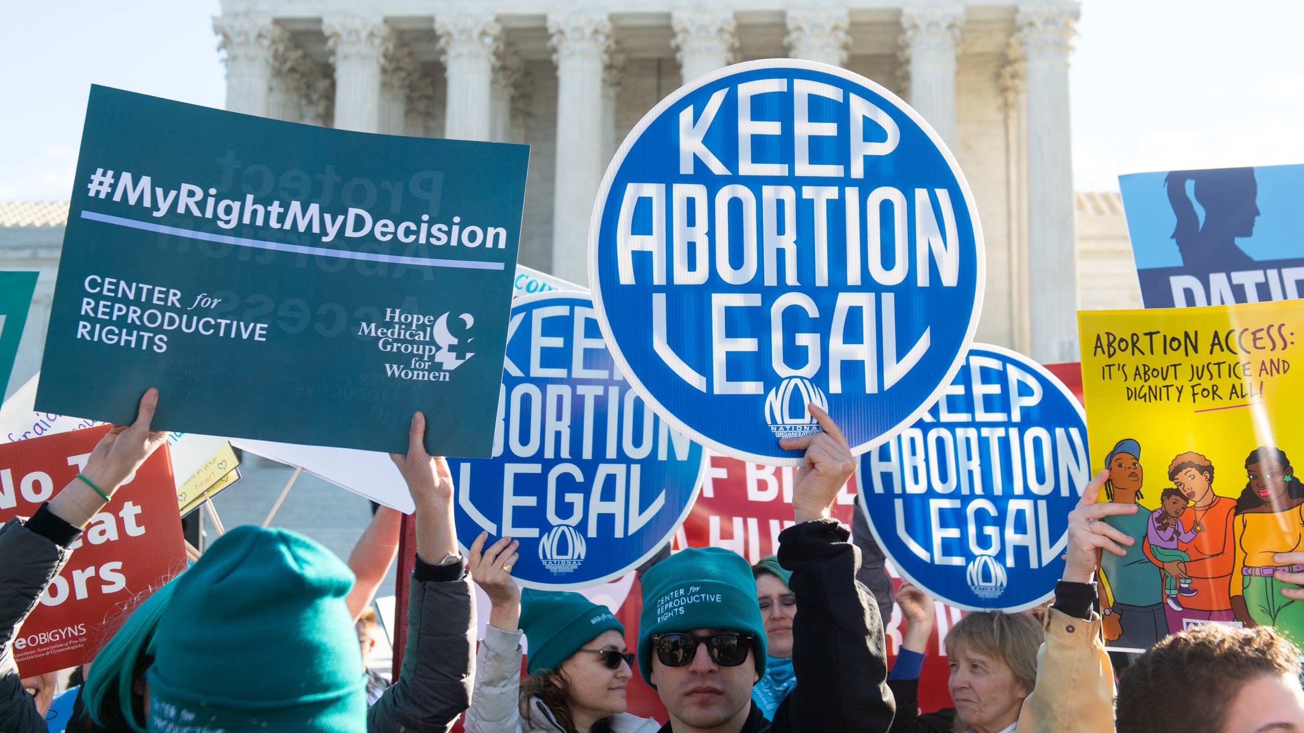 Pro-choice activists supporting legal access to abortion protest during a demonstration outside the U.S. Supreme Court in Washington, DC, March 4, 2020. (SAUL LOEB/AFP via Getty Images)