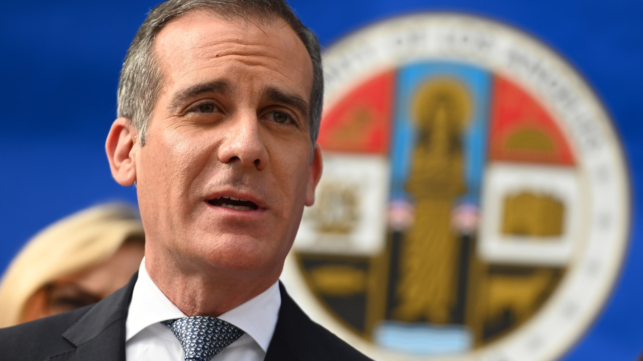 Mayor Eric Garcetti speaks at a L.A. County Health Department press conference on the novel coronavirus on March 4, 2020, in Los Angeles. (ROBYN BECK/AFP via Getty Images)