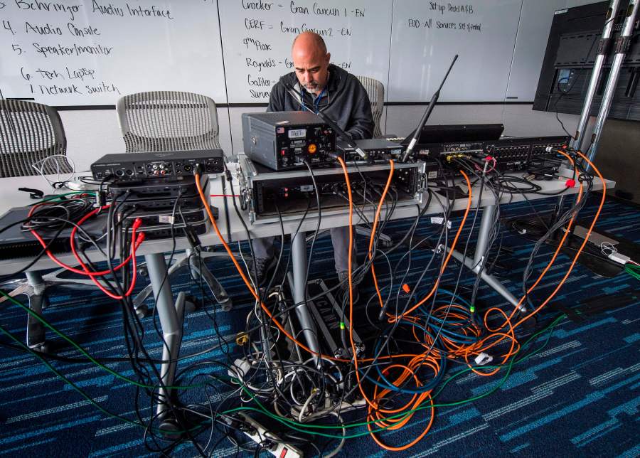 Staff from the Internet Corporation for Assigned Names and Numbers (ICANN) group, set up a virtual meeting space after canceling its travel plans and face to face meetings due to impact of the coronavirus in Playa del Rey on March 6, 2020. (MARK RALSTON/AFP via Getty Images)