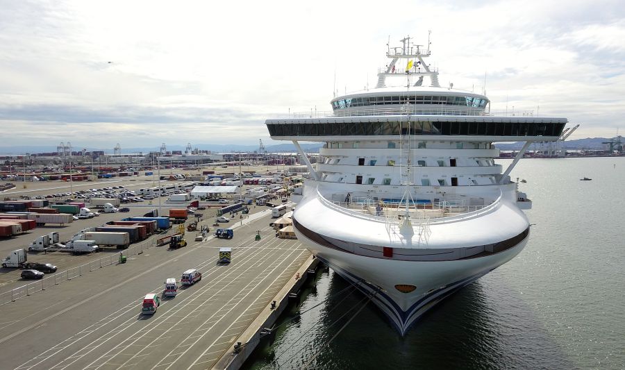 Medical personnel (L) gather in preparation for the disembarkation of passengers aboard the Grand Princess cruise ship at the Port of Oakland in California on March 9, 2020. (JOSH EDELSON/AFP via Getty Images)