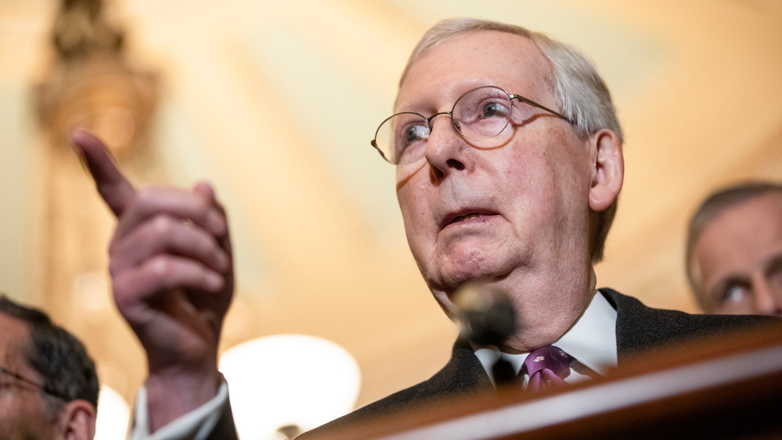 Senate Majority Leader Mitch McConnell speaks to reporters following a meeting with President Donald Trump and Vice President Mike Pence on March 10, 2020. (Credit: Samuel Corum / Getty Images)