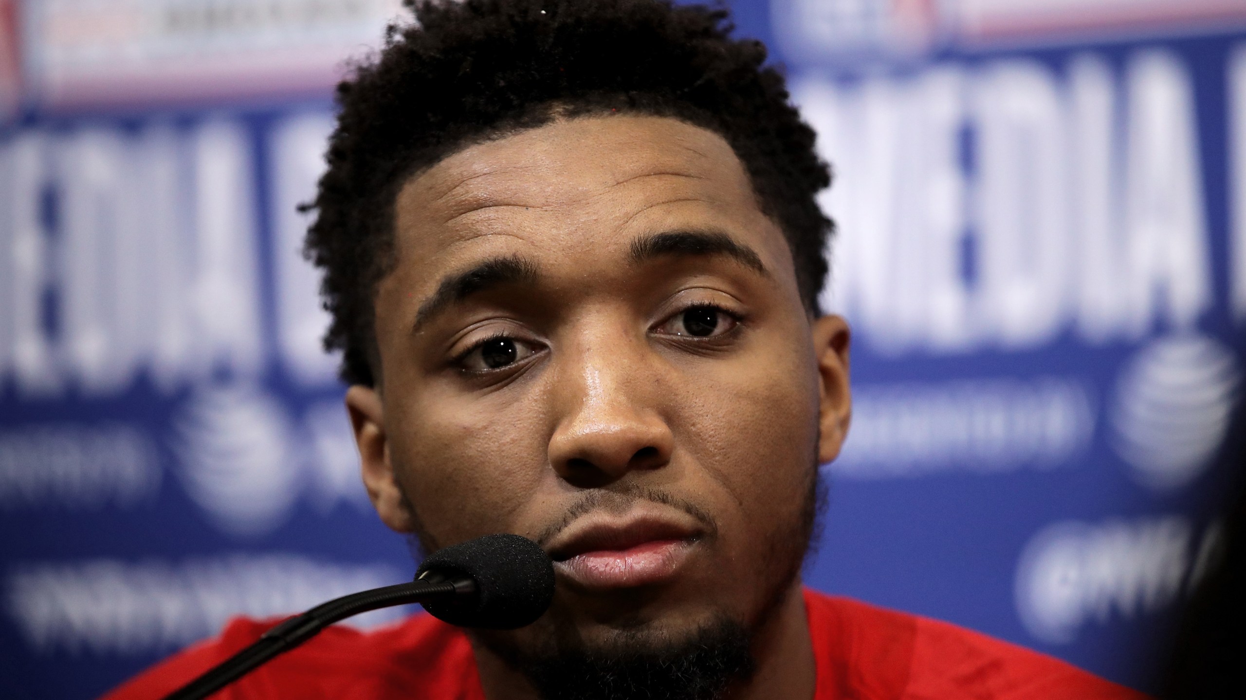 Donovan Mitchell of the Utah Jazz speaks to the media during 2020 NBA All-Star - Practice & Media Day at Wintrust Arena on February 15, 2020 in Chicago, Illinois. (Jonathan Daniel/Getty Images)