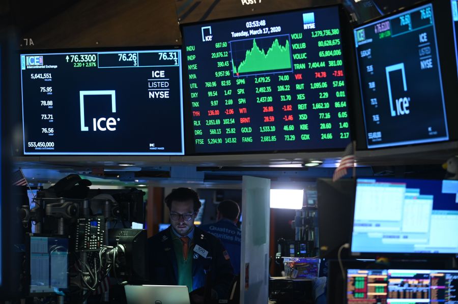 Traders work during the closing bell at the New York Stock Exchange (NYSE) on March 17, 2020 at Wall Street in New York City.(JOHANNES EISELE/AFP via Getty Images)