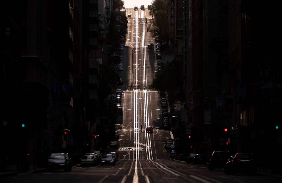 A street usually filled with cable cars is seen empty in San Francisco on March 18, 2020. (Josh Edelson/AFP via Getty Images)