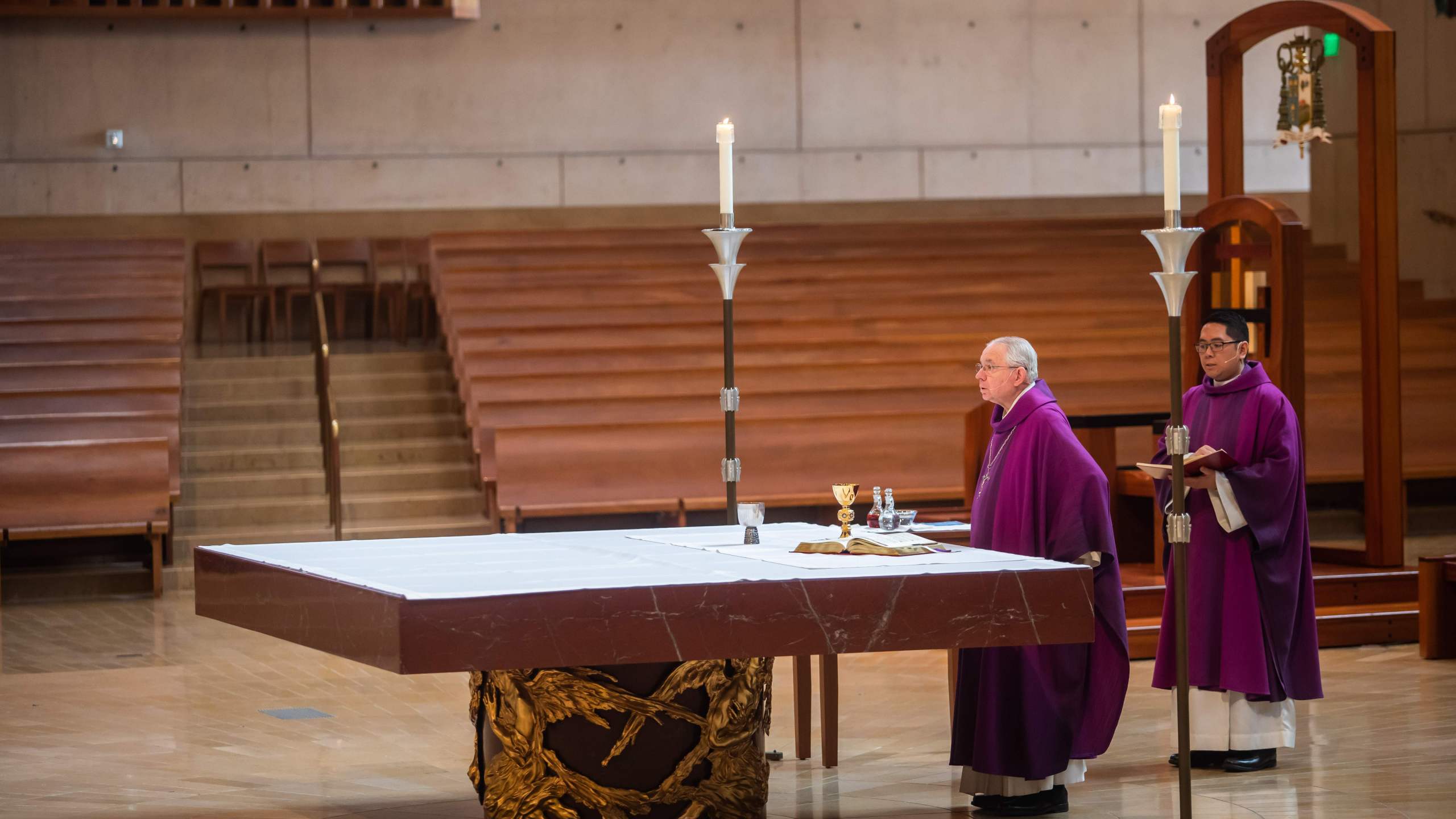 Archbishop Jose H. Gomez leads an online Sunday Service at the Cathedral of Our Lady of the Angels in downtown Los Angeles on March 22, 2020, after the church shut its doors to the public. (Credit: Apu Gomes / AFP / Getty Images)