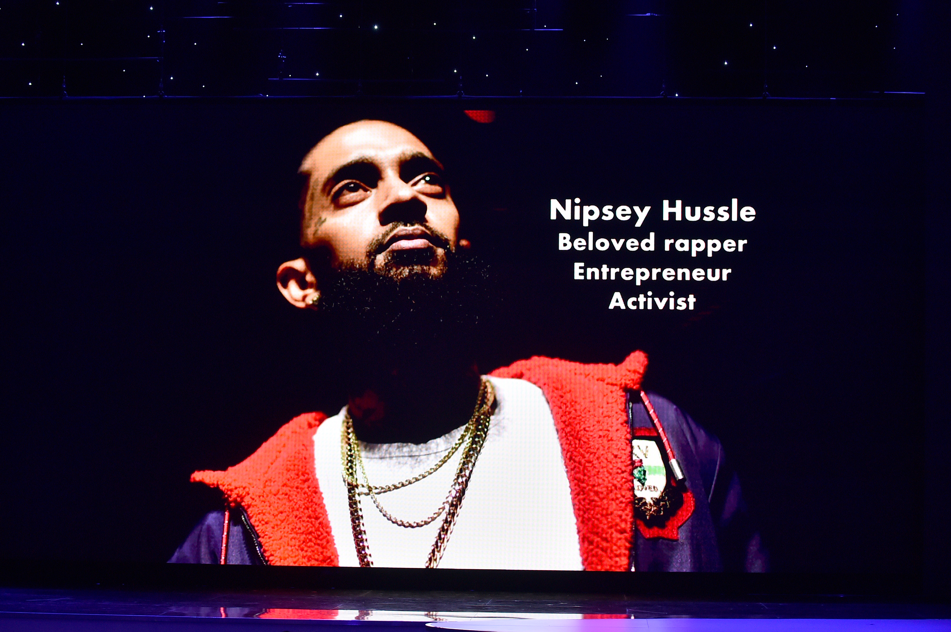 Nipsey Hussle is honored during the in memoriam onstage during the 51st NAACP Image Awards, presented by BET, at Pasadena Civic Auditorium on Feb. 22, 2020. (Aaron J. Thornton/Getty Images for BET)