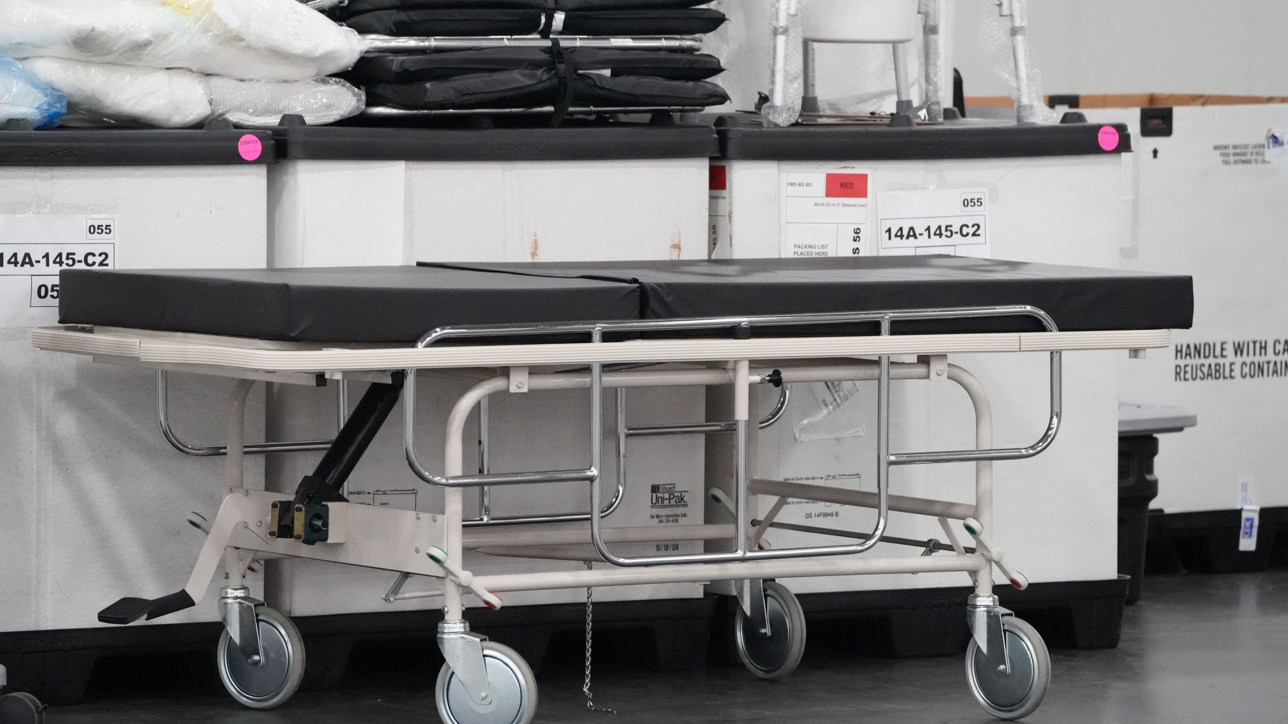 Medical supplies are seen inside the Jacob Javits Center as New York Governor Andrew Cuomo announces plans to convert the Jacob Javits Center on Manhattans West Side into a field hospital as Coronavirus cases continue to rise on March 23, 2020 in New York. (BRYAN R. SMITH/AFP via Getty Images)