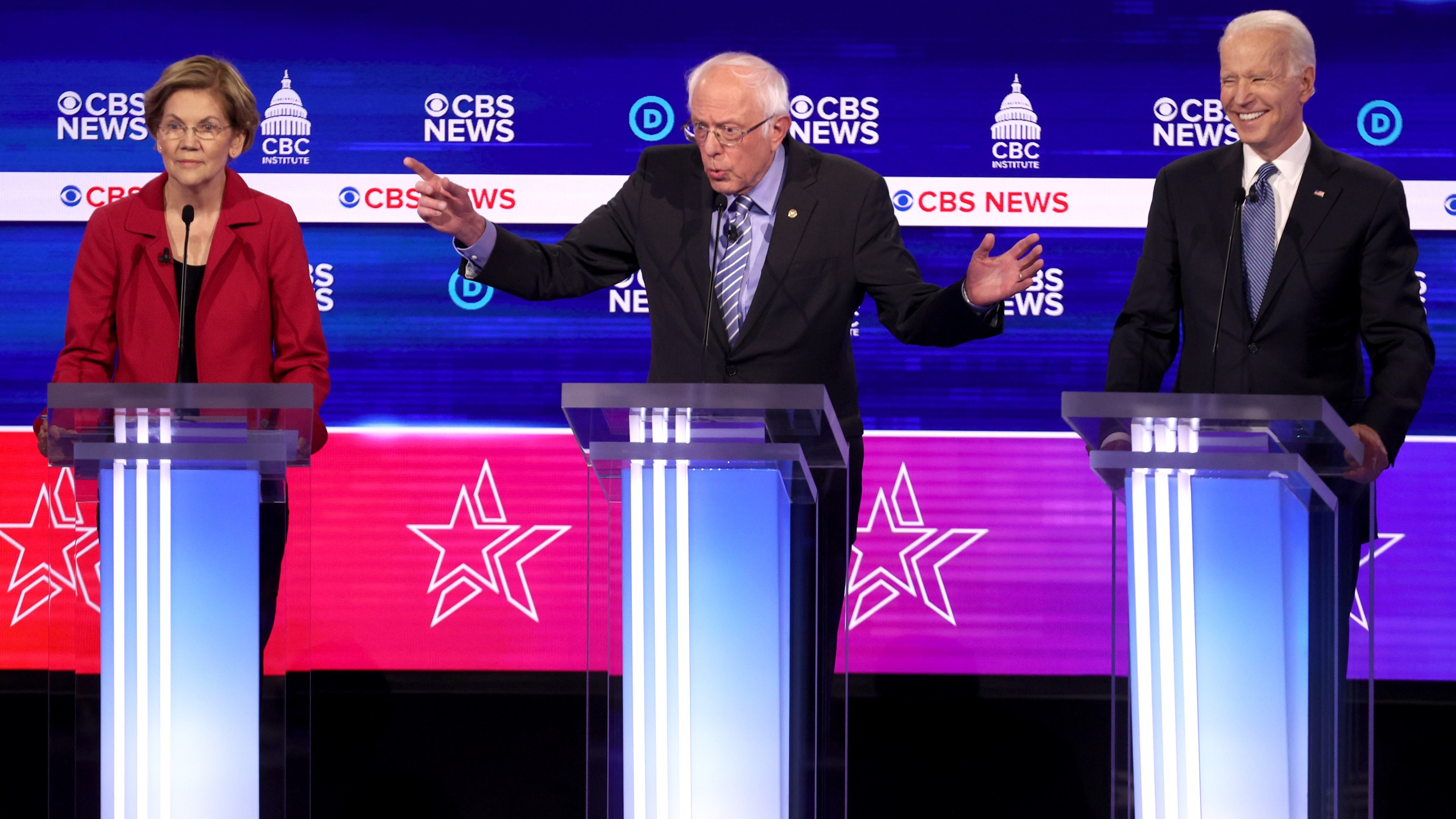 Democratic presidential candidates (L-R) Sen. Elizabeth Warren (D-MA), Sen. Bernie Sanders (I-VT) and former Vice President Joe Biden participate the Democratic presidential primary debate on Feb. 25, 2020 in Charleston, South Carolina. (Win McNamee/Getty Images)