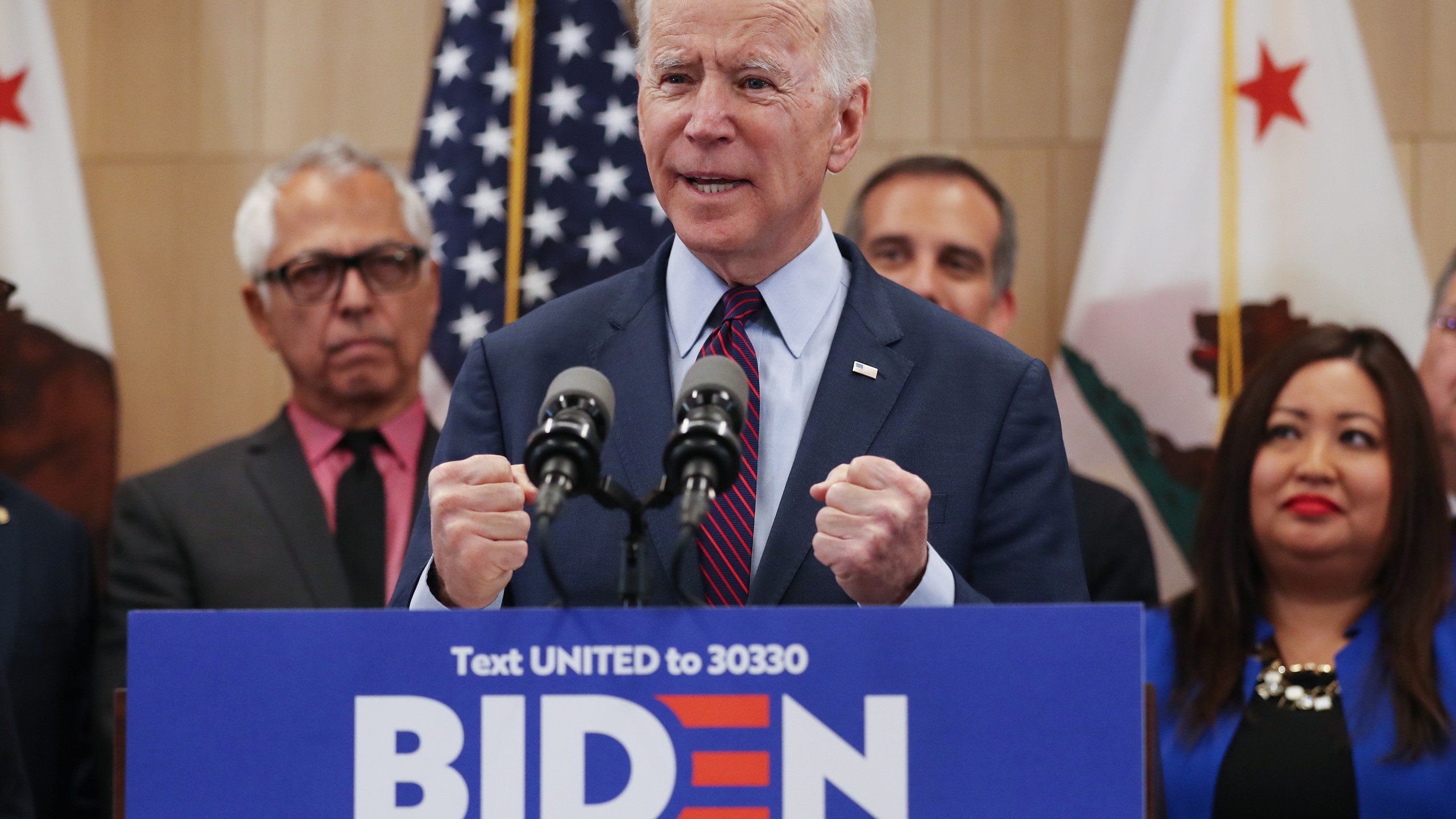 Democratic presidential candidate former Vice President Joe Biden speaks at a campaign event at the W Los Angeles hotel in Westwood on March 4, 2020. (Mario Tama / Getty Images)