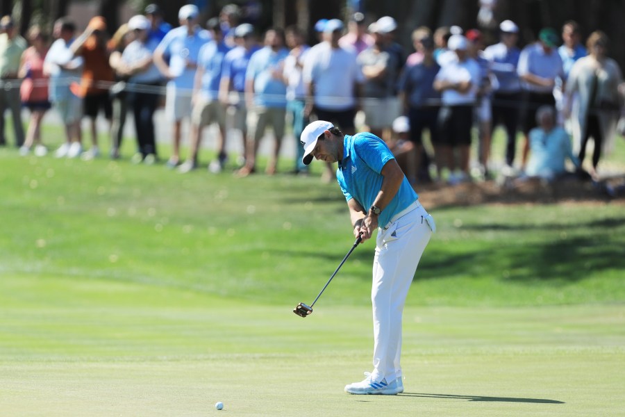 Sergio Garcia of Spain putts on the eighth green during the first round of The Players Championship in Ponte Vedra Beach, Florida, on March 12, 2020. (Credit: Matt Sullivan / Getty Images)