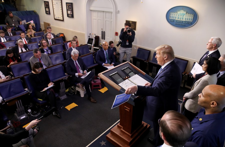 U.S. President Donald Trump, joined by members of the Coronavirus Task Force, speaks about the coronavirus in the press briefing room at the White House on March 16, 2020. (Win McNamee/Getty Images)