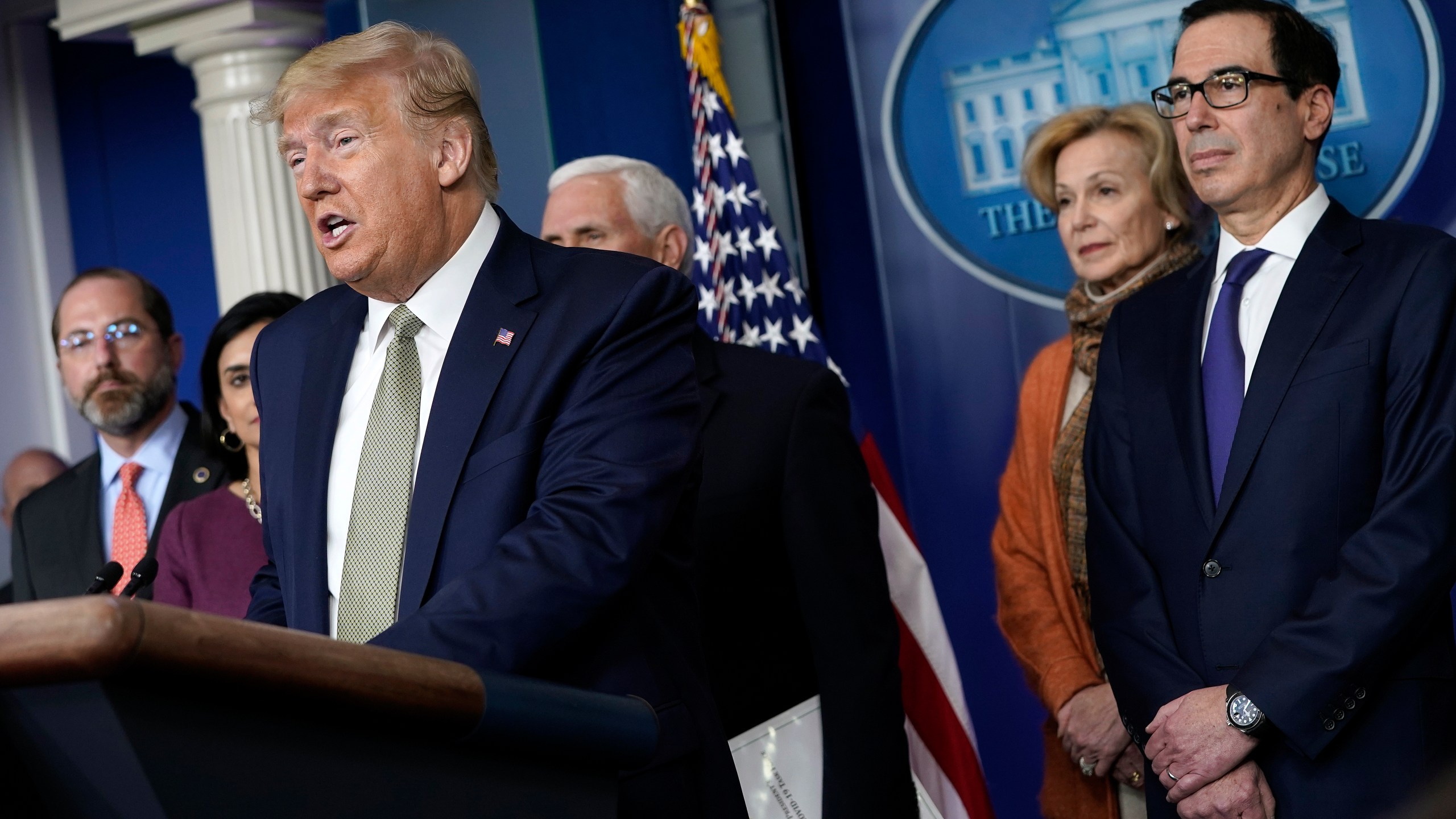 President Donald Trump, joined by members of the Coronavirus Task Force, speaks about the coronavirus in the press briefing room at the White House on March 17, 2020. (Drew Angerer/Getty Images)