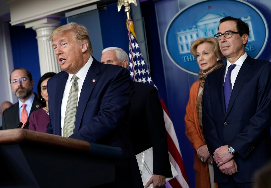 President Donald Trump, joined by members of the Coronavirus Task Force, speaks about the coronavirus in the press briefing room at the White House on March 17, 2020. (Drew Angerer/Getty Images)