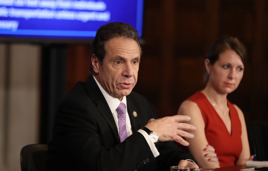 New York Gov. Andrew Cuomo speaks during his daily news conference with Secretary to the Governor Melissa DeRosa on March 20, 2020, in New York City. Cuomo ordered nonessential businesses to keep 100% of their workforce at home in an effort to combat the spread of the COVID-19 pandemic. (Bennett Raglin/Getty Images)