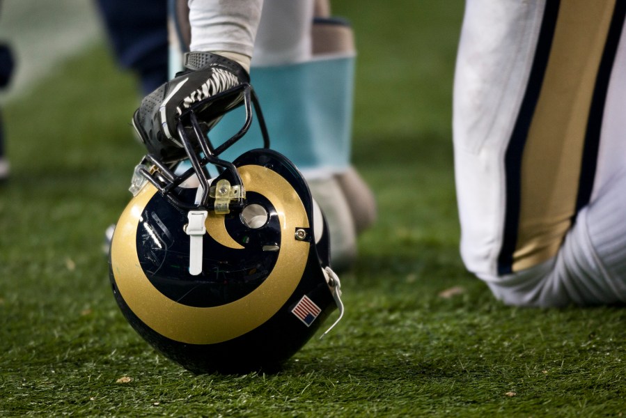 A detail shot of the helmet of Chris Long #91 of the St. Louis Rams against the Seattle Seahawks at CenturyLink Field December 12, 2011, in Seattle, Washington. (Photo by Jay Drowns/Getty Images)