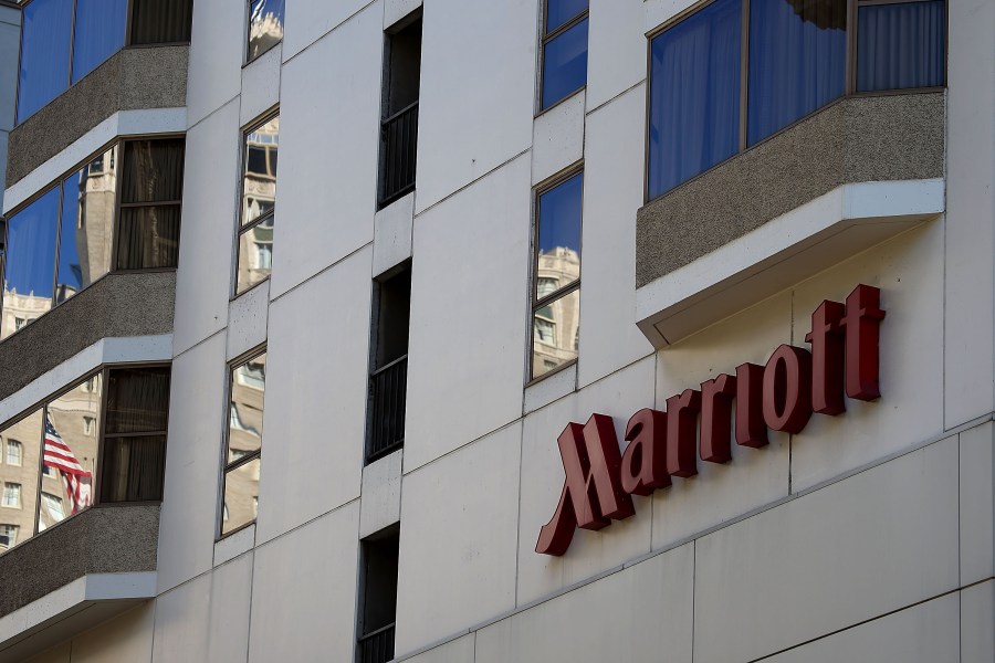 A sign is posted in front of a Marriott hotel on Nov. 16, 2015 in San Francisco. (Justin Sullivan/Getty Images)