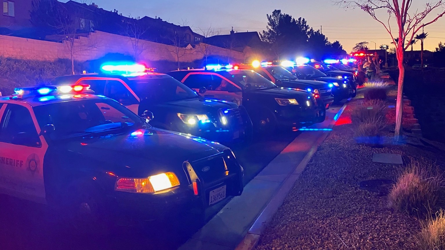 The Palmdale sheriff's station released this image of first responders supporting medical workers outside Palmdale Regional Medical Center on March 30, 2020.