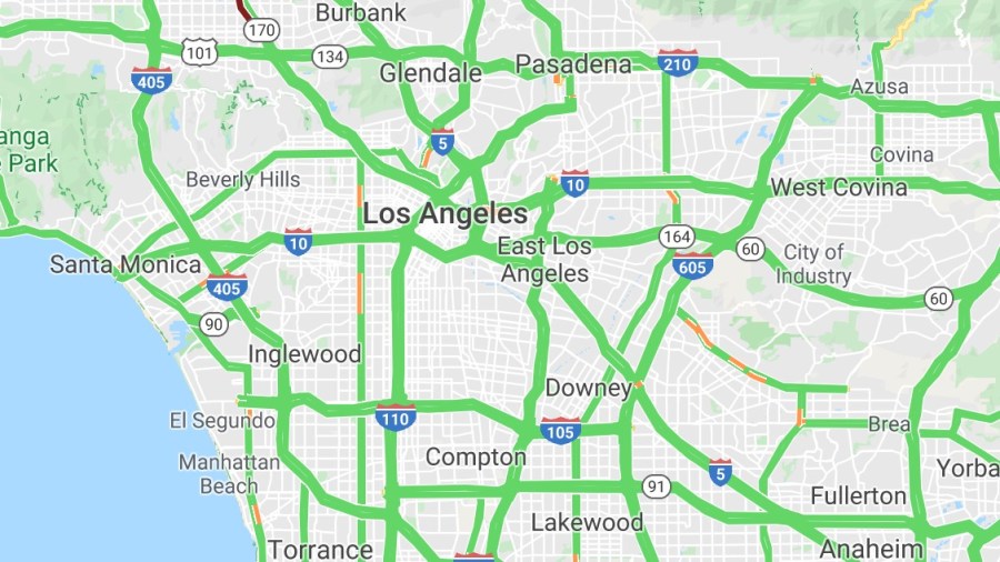 A Google traffic map is seen on the morning of March 18, 2020.