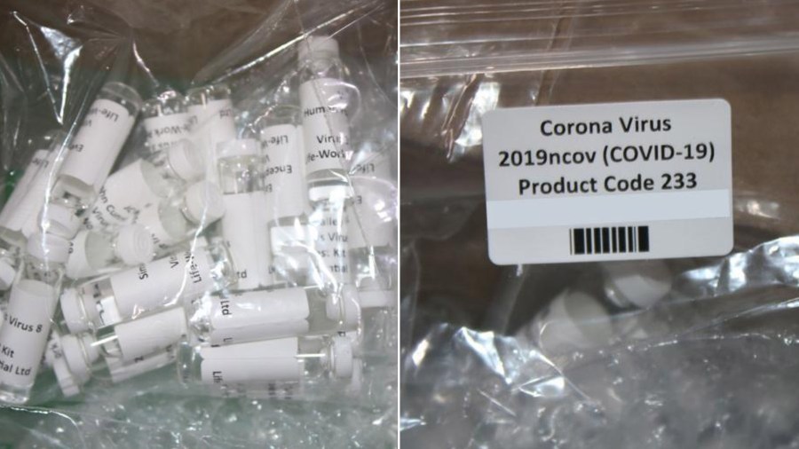 Fake coronavirus test kits are seen in photos released by U.S. Customs and Border Protection after they were seized at Los Angeles International Airport on March 12, 2020.