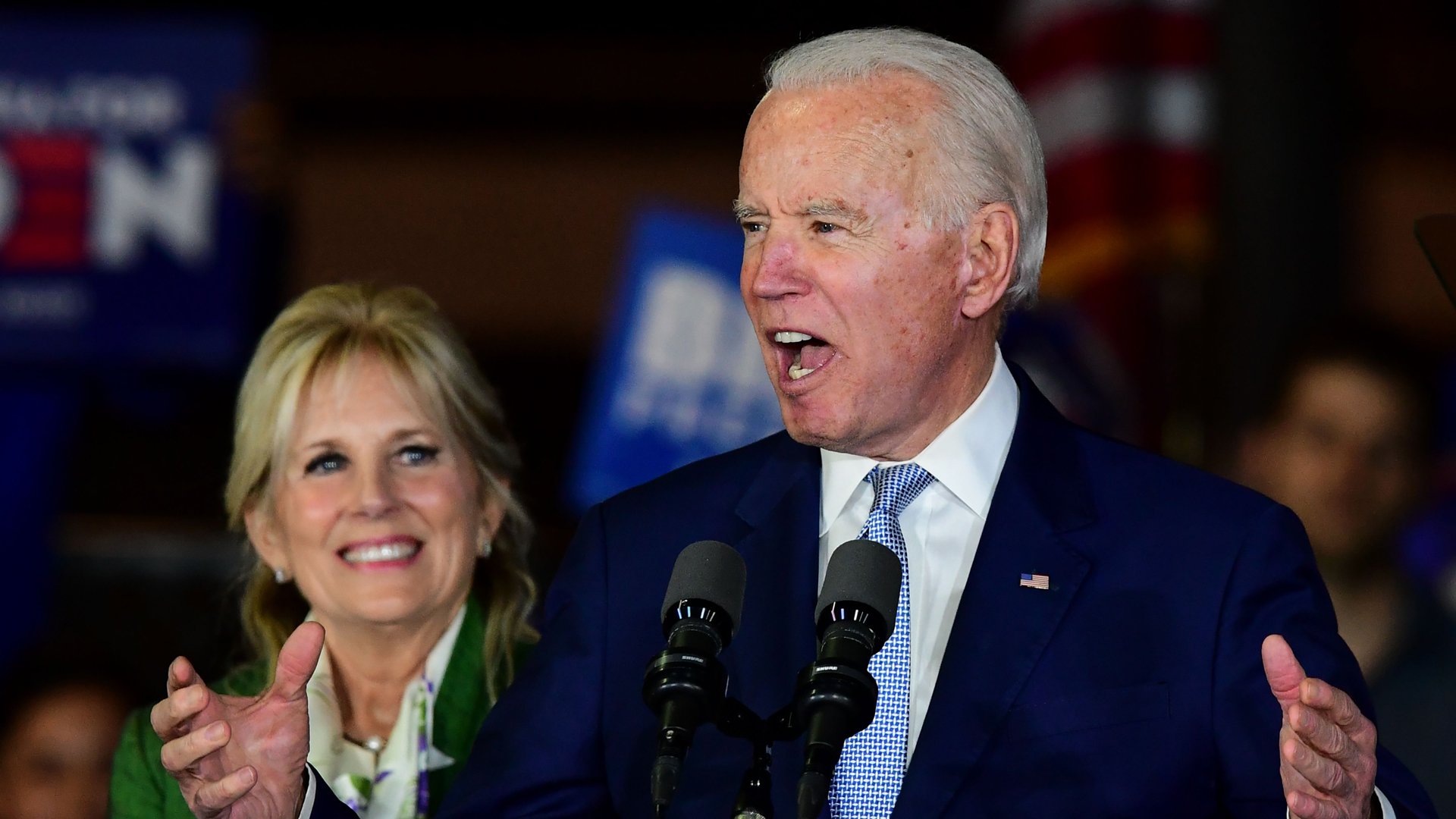 Democratic presidential hopeful former Vice President Joe Biden accompanied by his wife Jill Biden, speaks during a Super Tuesday event in Los Angeles on March 3, 2020. (FREDERIC J. BROWN/AFP via Getty Images)