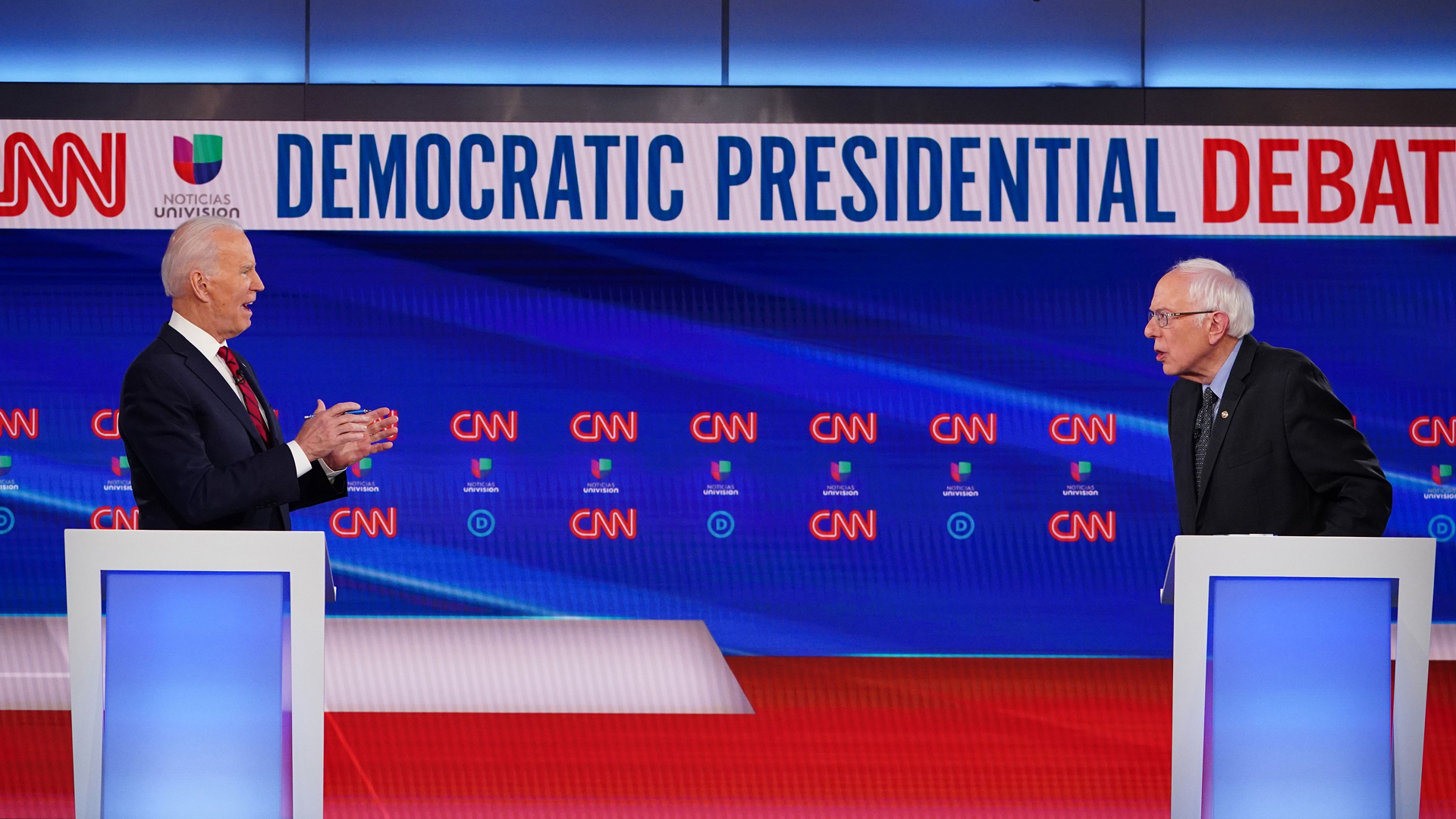 Democratic presidential hopefuls former US vice president Joe Biden and Senator Bernie Sanders take part in the 11th Democratic Party 2020 presidential debate in a CNN Washington Bureau studio in Washington, DC on March 15, 2020. (Mandel Ngan/AFP/Getty Images)